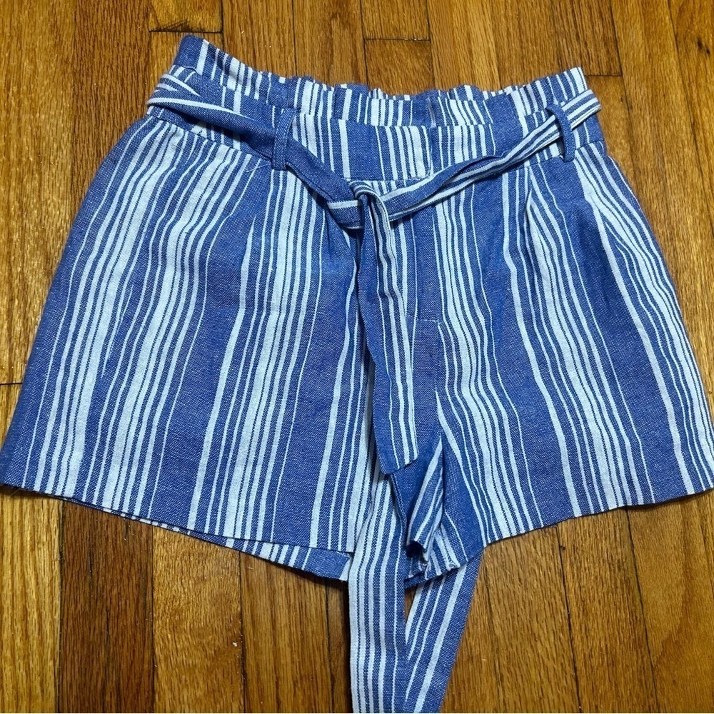Have Los Angeles Blue and White Striped Linen Blend Nautical Paper Bag Shorts